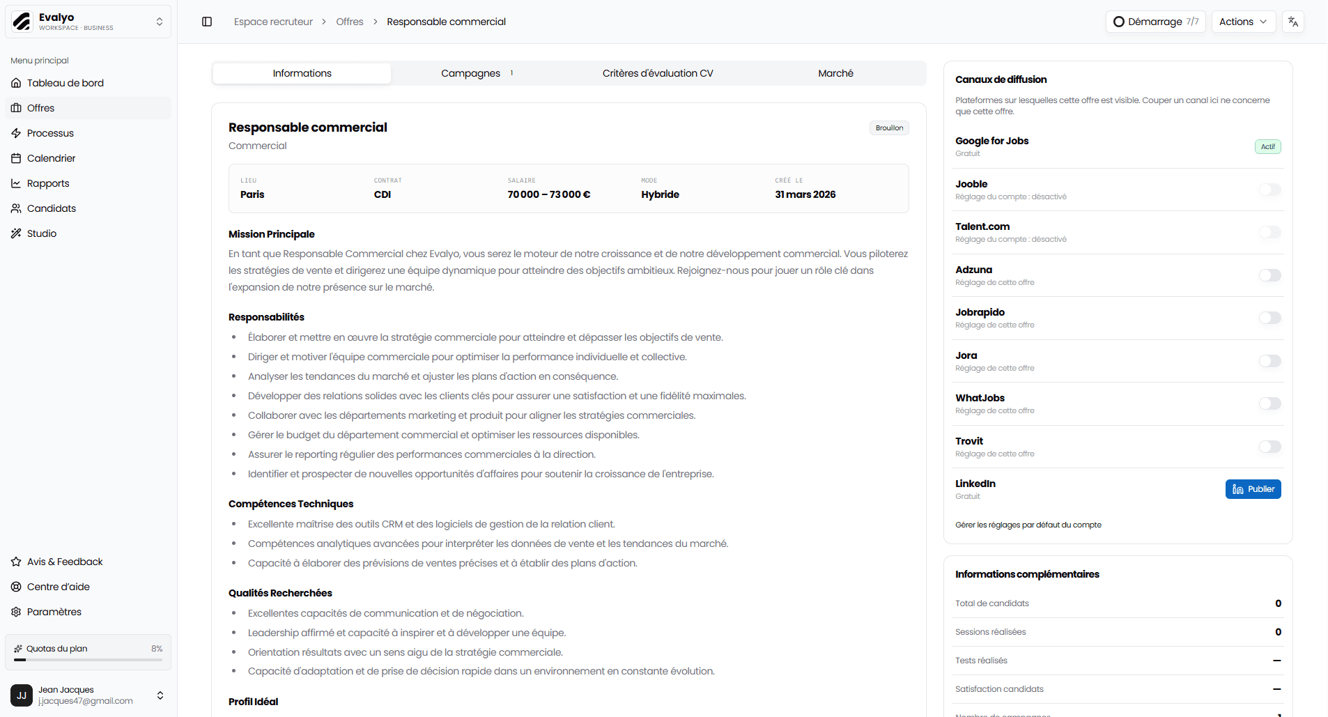 Détail d'une offre Evalyo avec la liste des canaux de diffusion et leur statut
