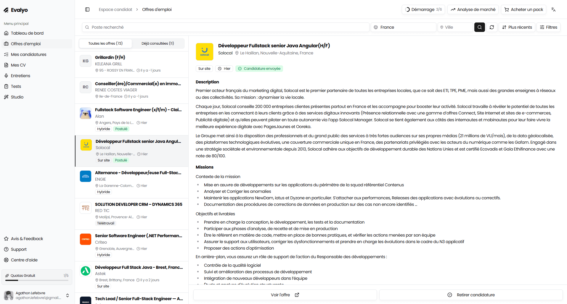 Evalyo candidate space: job search and a job detail