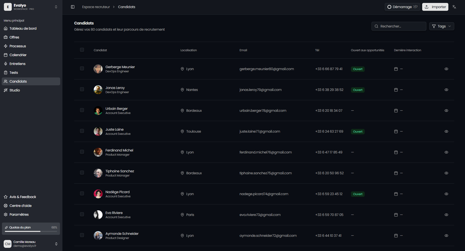 A recruiter's candidate list in Evalyo