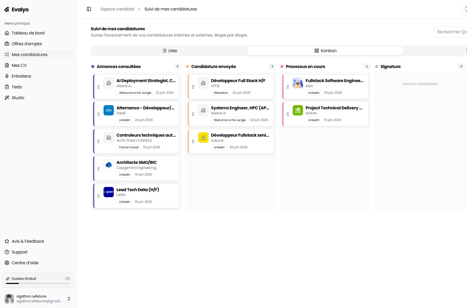 Evalyo candidate space: kanban application tracking and preparation assistant